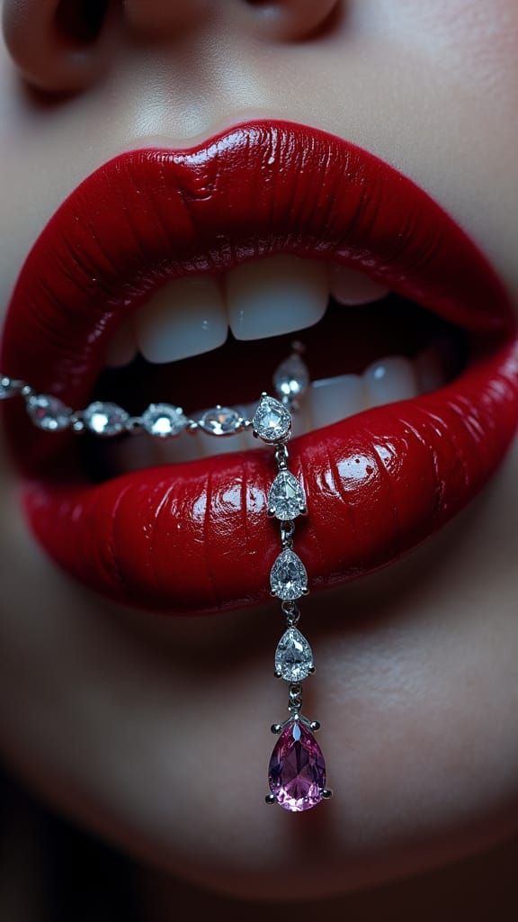 Seductive Crimson Lips with Silver Baroque Chain