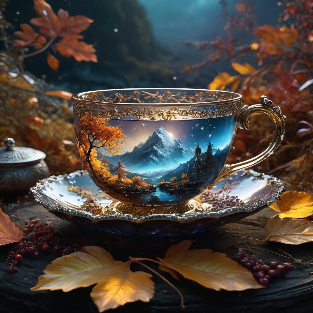 Starlit Autumn Landscape Overflowing from Teacup