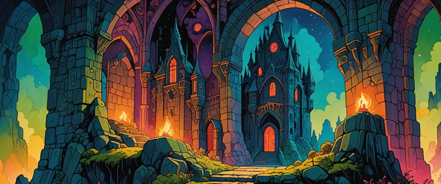 Golem in Dungeon: Comic Book Style with Ethereal Mist