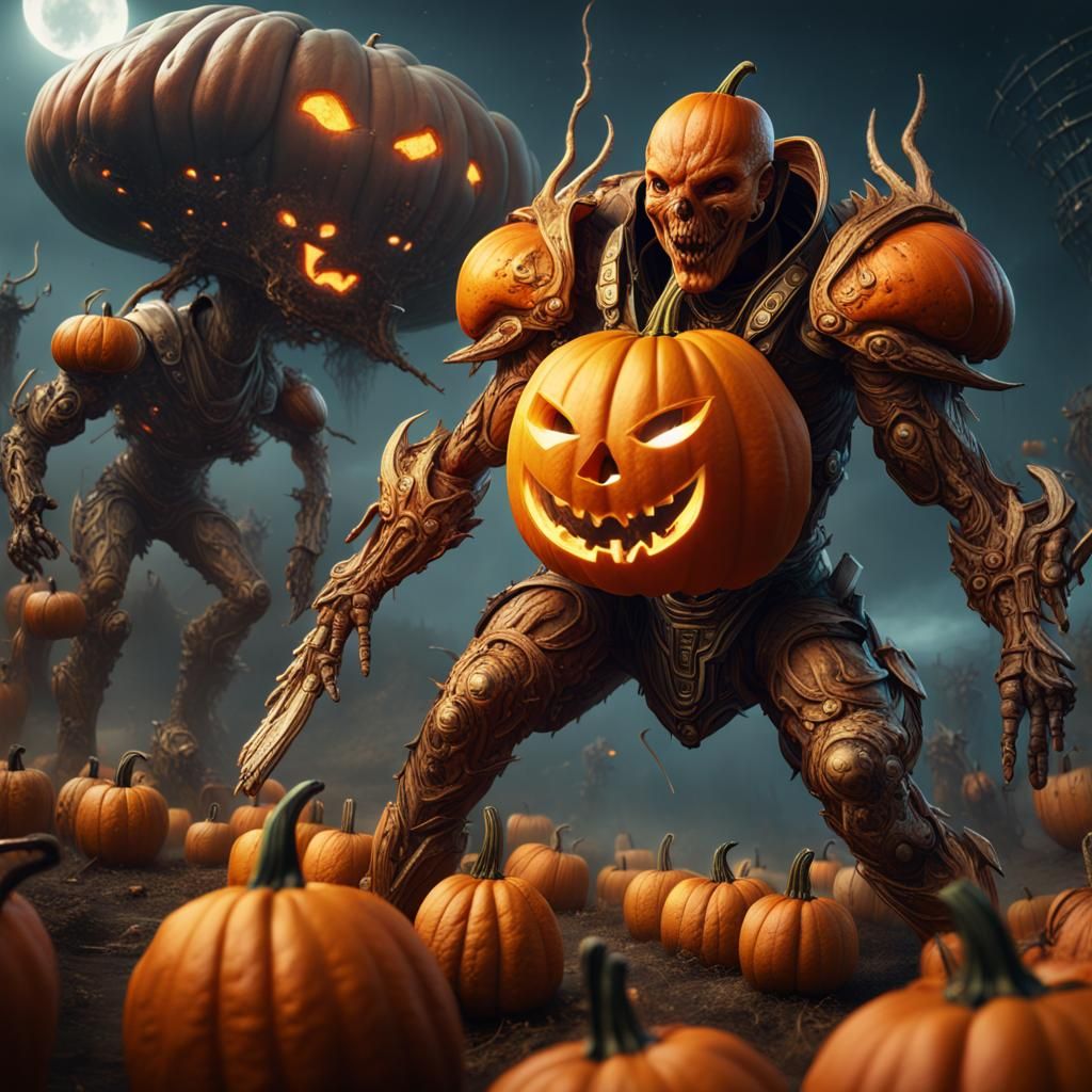 Pumpkin Warrior Abduction: Detailed Fantasy Concept Art
