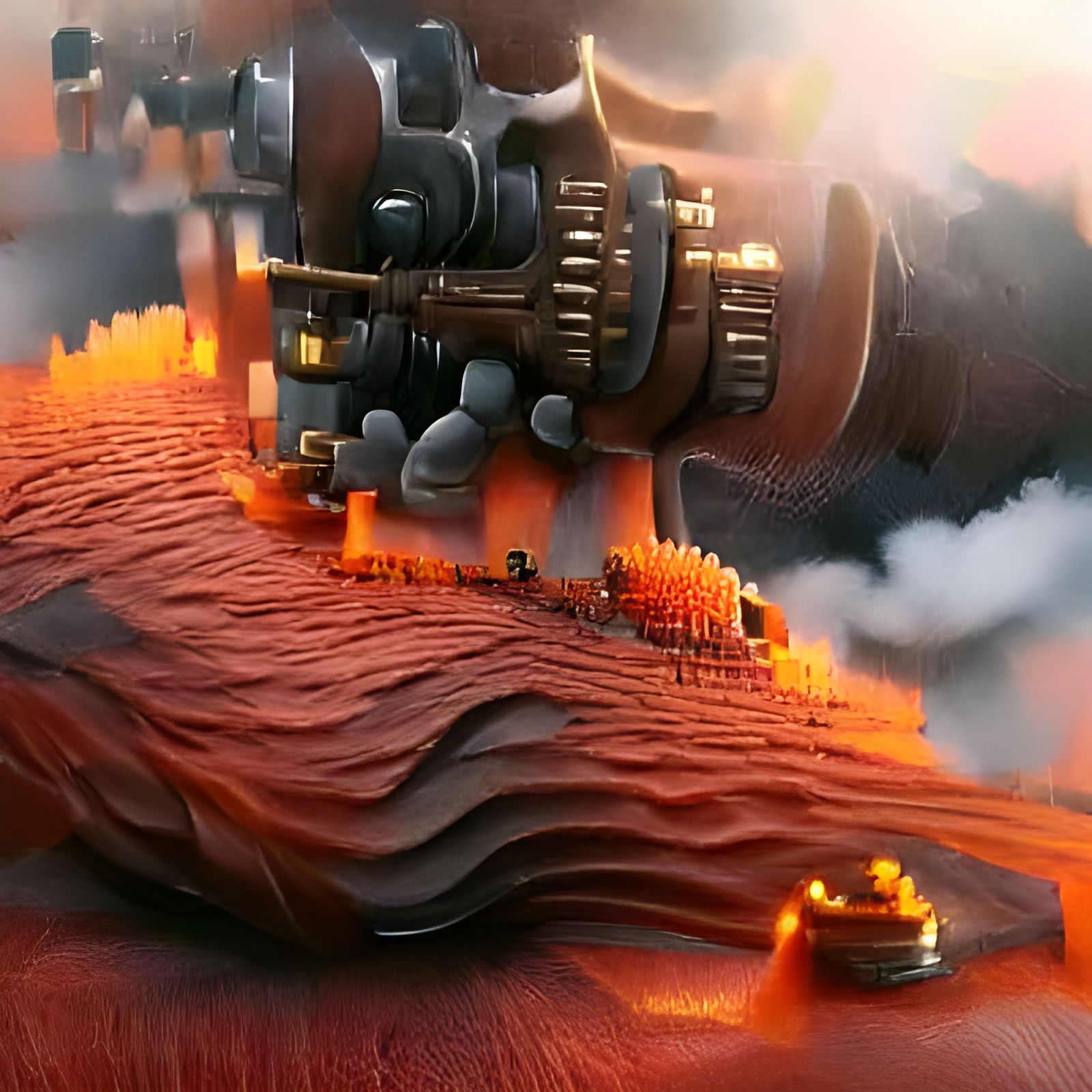 Steampunk Engine Heartbeat in Lava Landscape