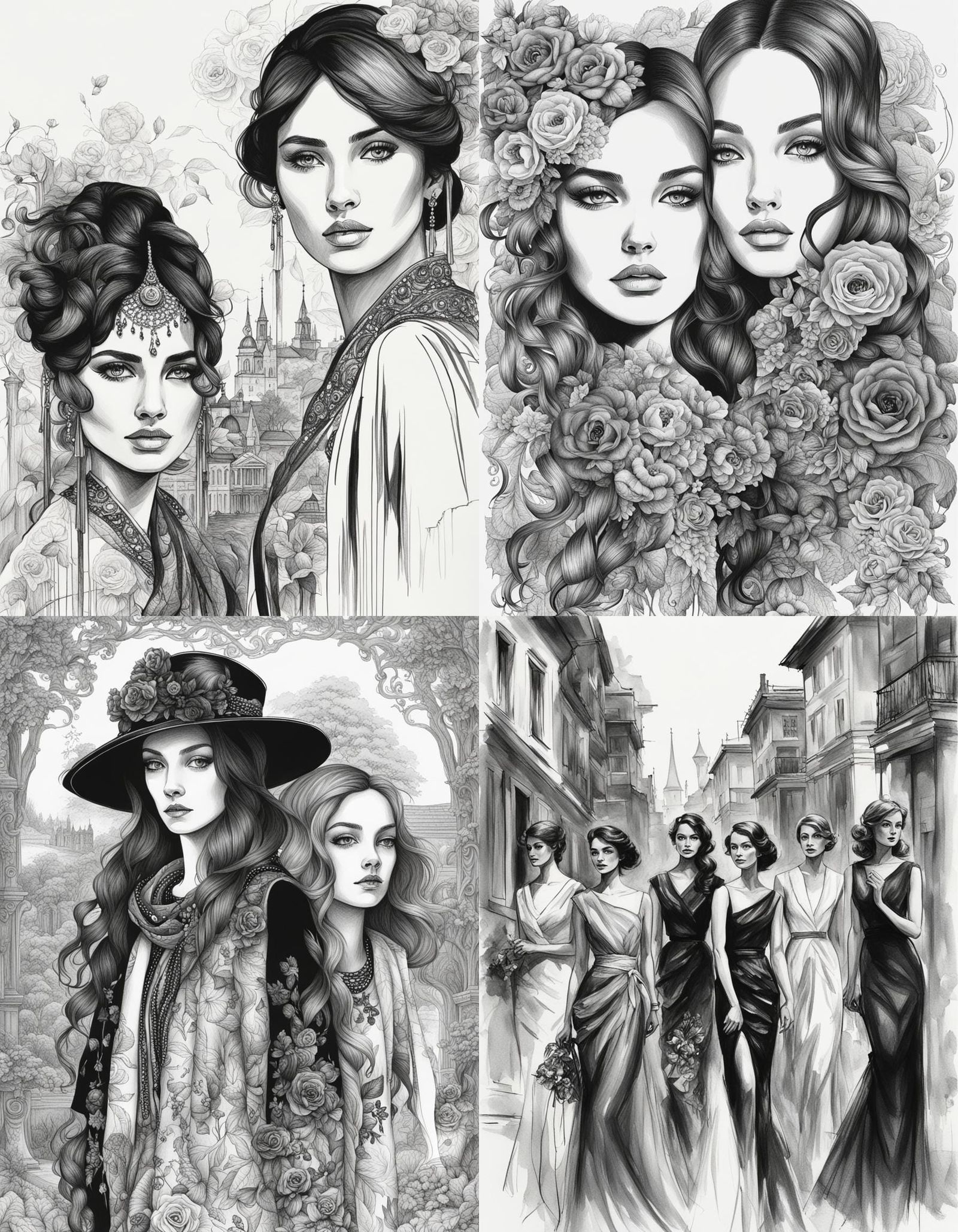 Classic Black and White Drawing of Beautiful Women
