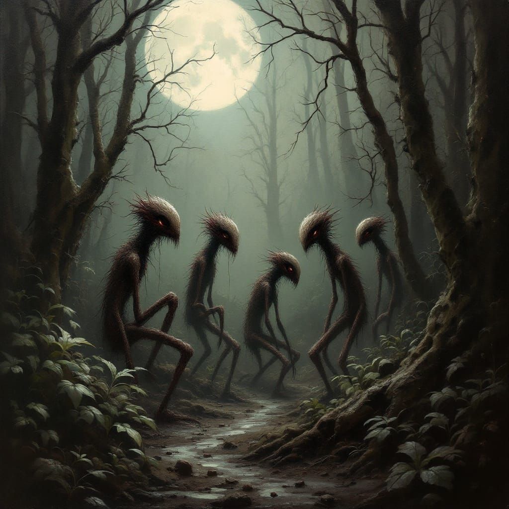 Eerie Alien Forest with Twisted Creatures: Surrealist Art