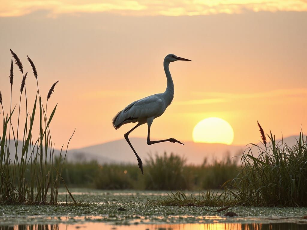 Crane on Riverbank at Dawn in Sumi-e Style