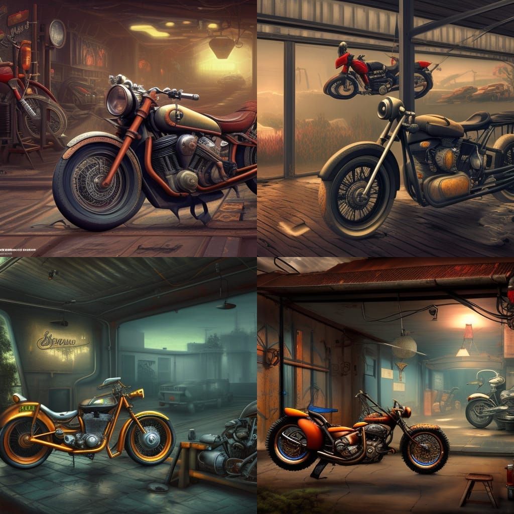 Retro Motorcycle Garage in Detailed Matte Painting