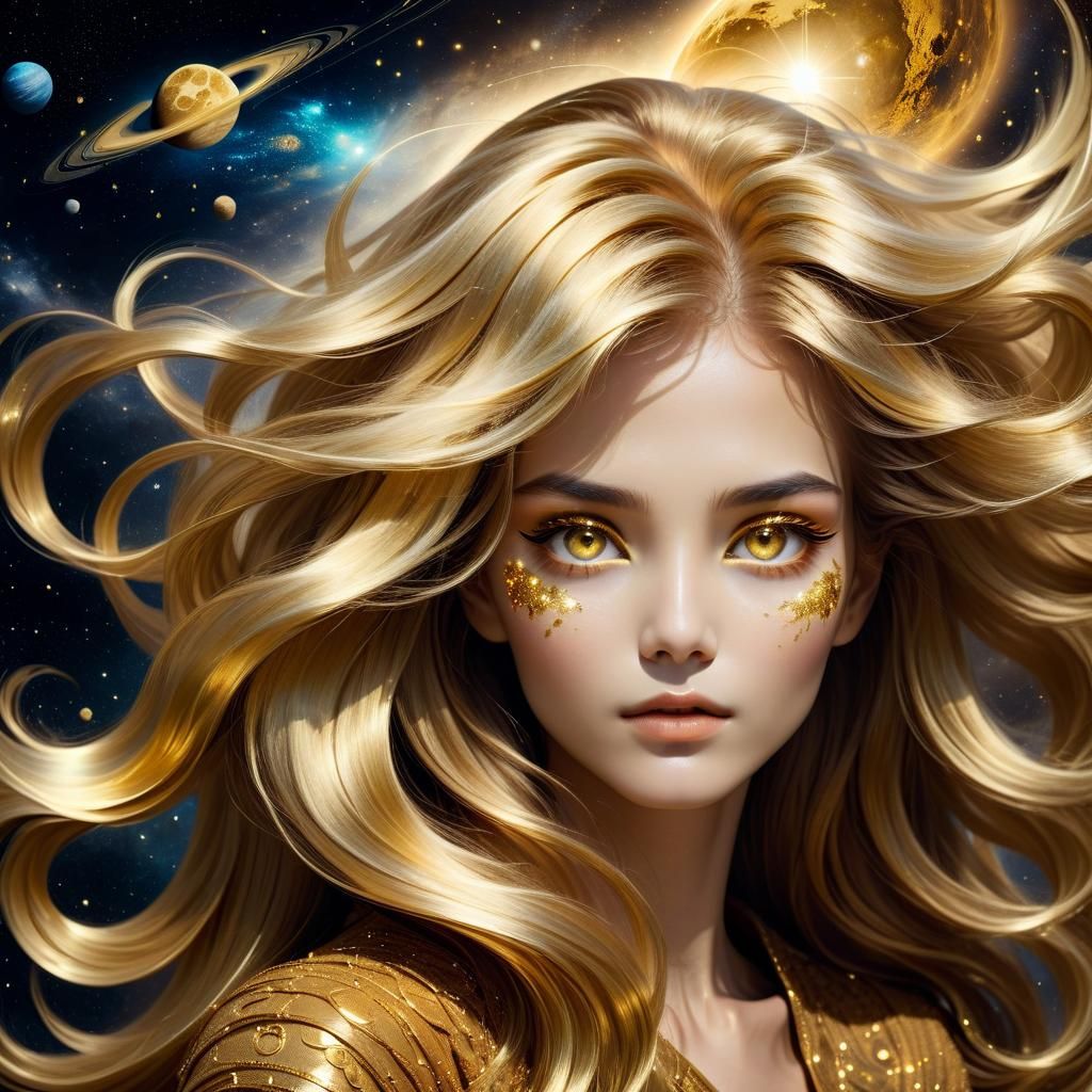 Cosmic Woman with Golden Hair and Eyes
