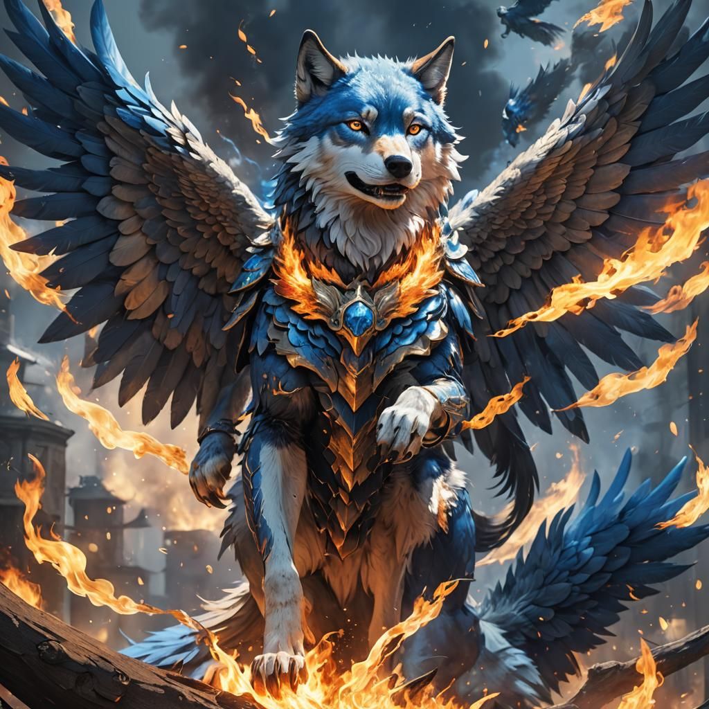 Fiery Blue Angel Wolf in Anime Style
