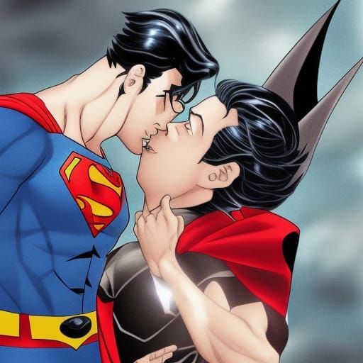 Superman and Batman Kiss in Anime Style
