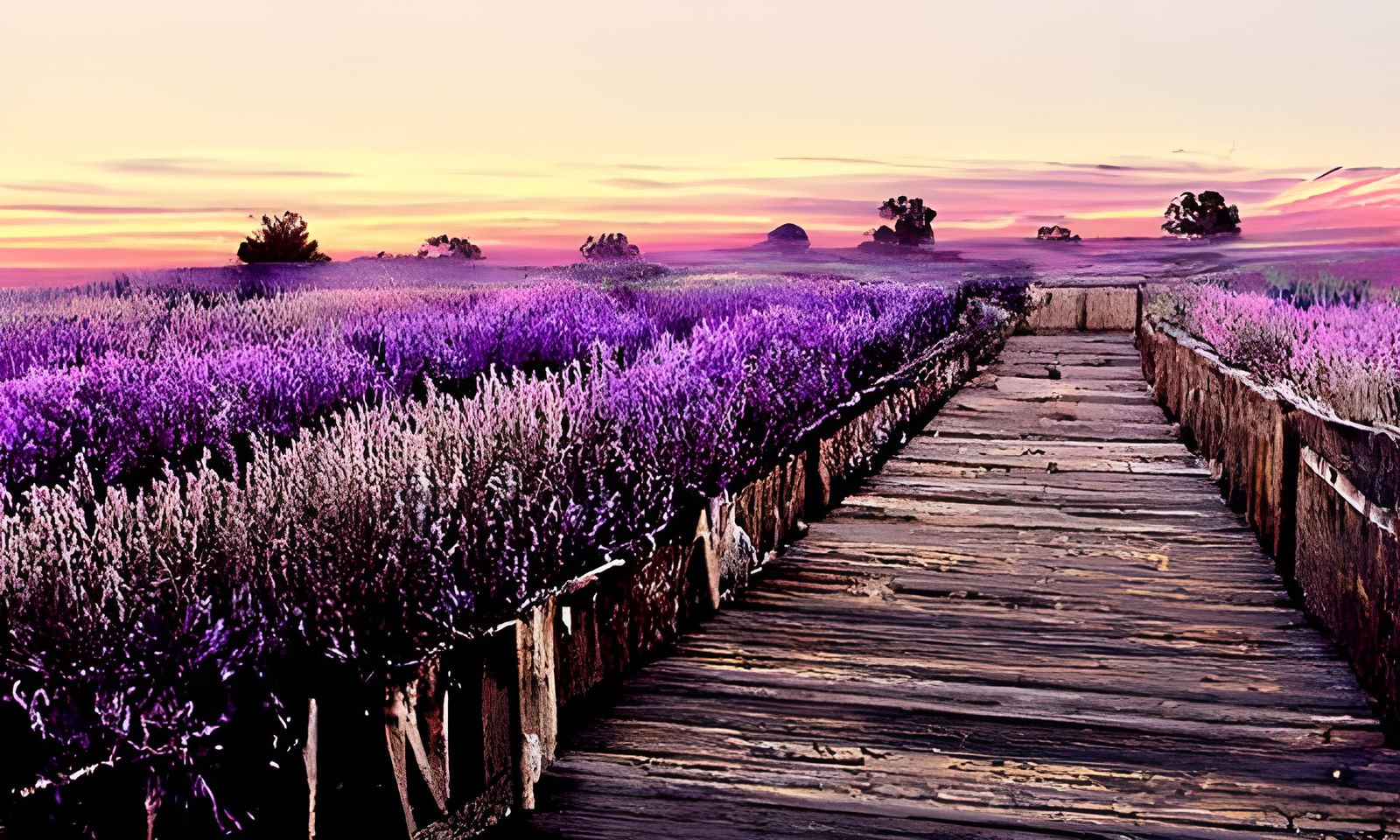 Sunset Over Lavender Field With Boardwalk