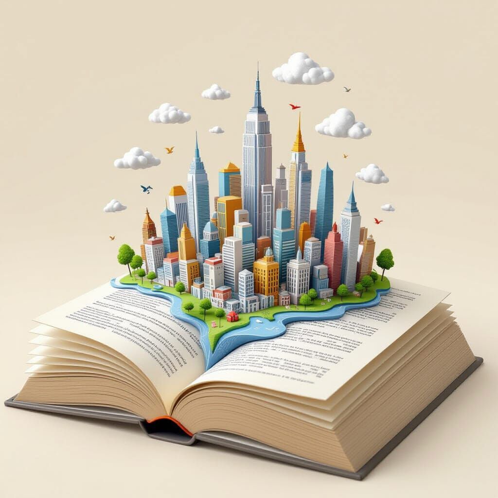 Cityscape Emerging from Book Pages in 3D