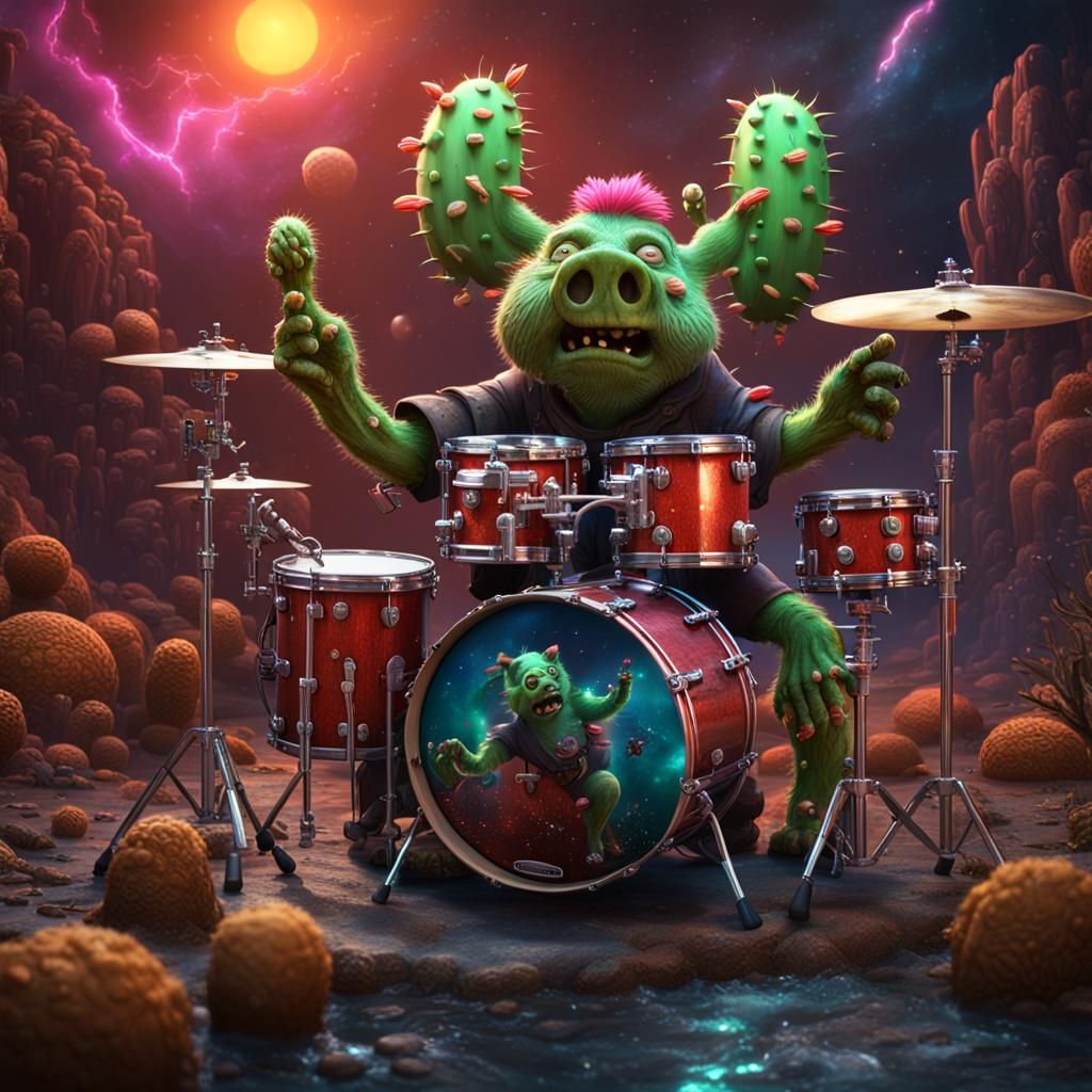 Zombie Piggy Drummer in Space, Detailed Matte Painting