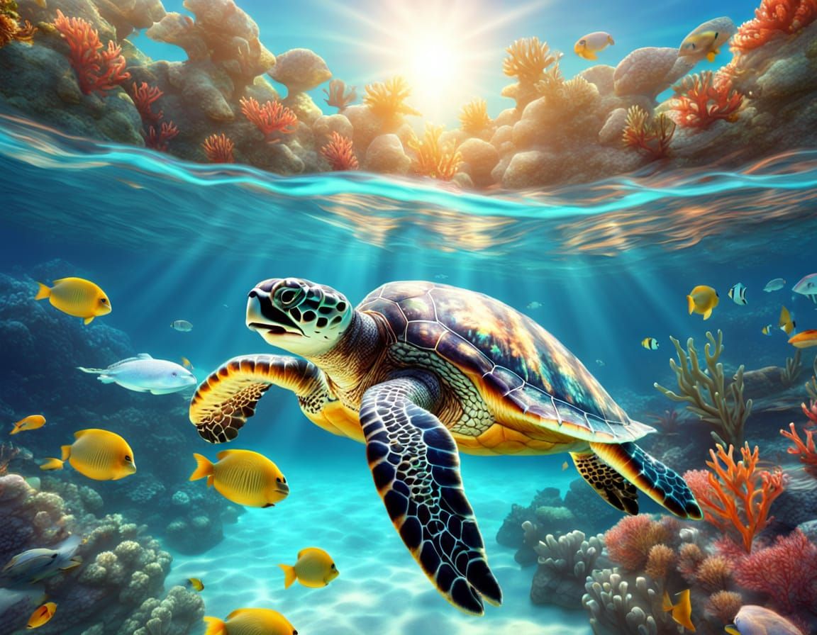 Majestic Sea Turtle in Tropical Waters as Digital Art
