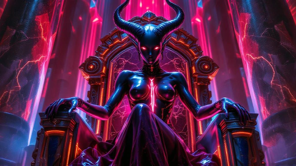 Dark Elf Queen on Luminous Throne in Surreal Lighting