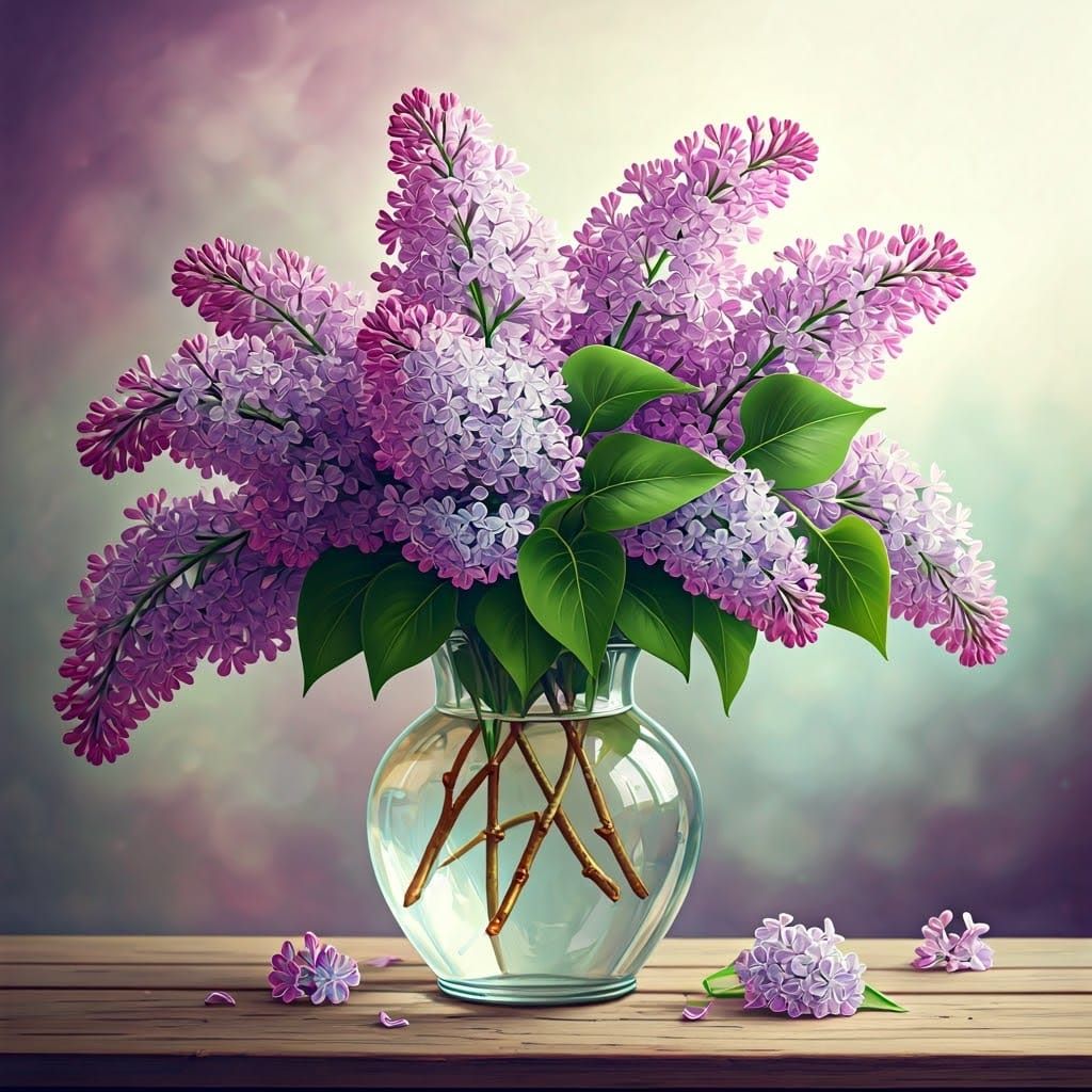 Lilac Bouquet in Glass Vase with Delicate Embroidery