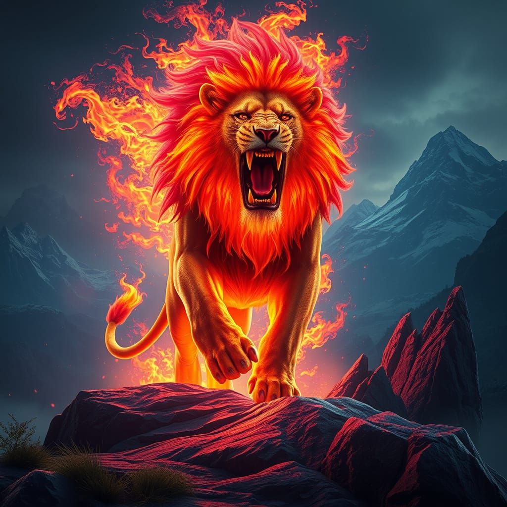 Majestic Lion Amidst Inferno in a Fantastical Mountain Lands...