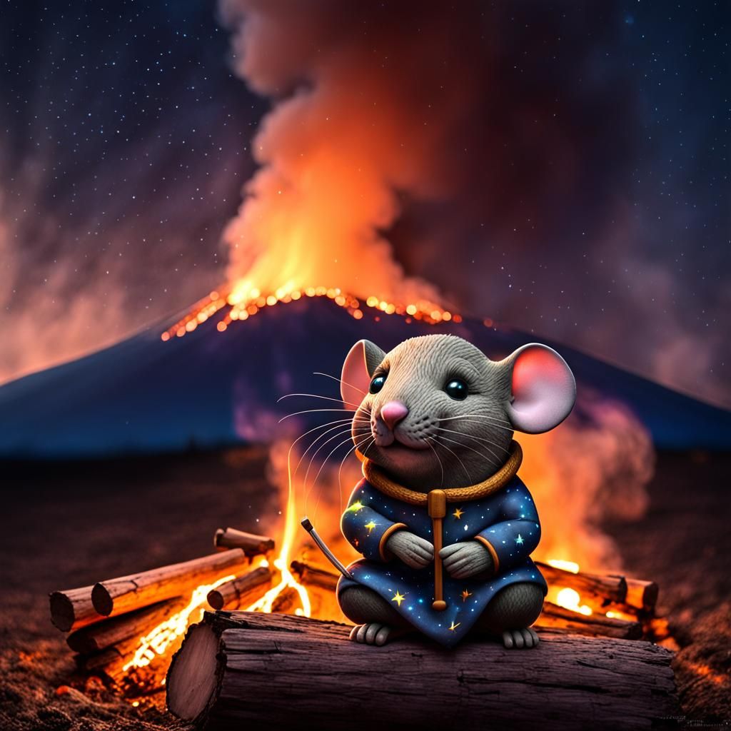 Chibi Mouse by Bonfire Under Starry Night