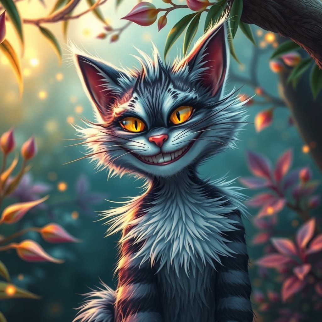 anthropomorphic portrait of the cheshire cat as a real person