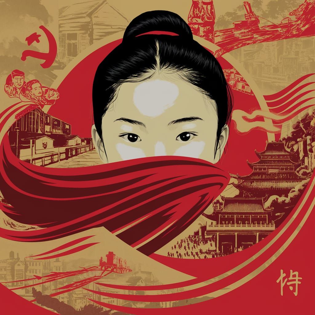 Red Scarf Girl Propaganda Poster in Vibrant Red and Gold