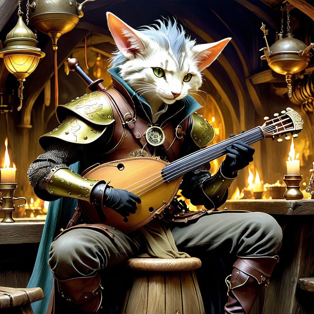 Steampunk Bard Enchants Tavern Crowd with Lute