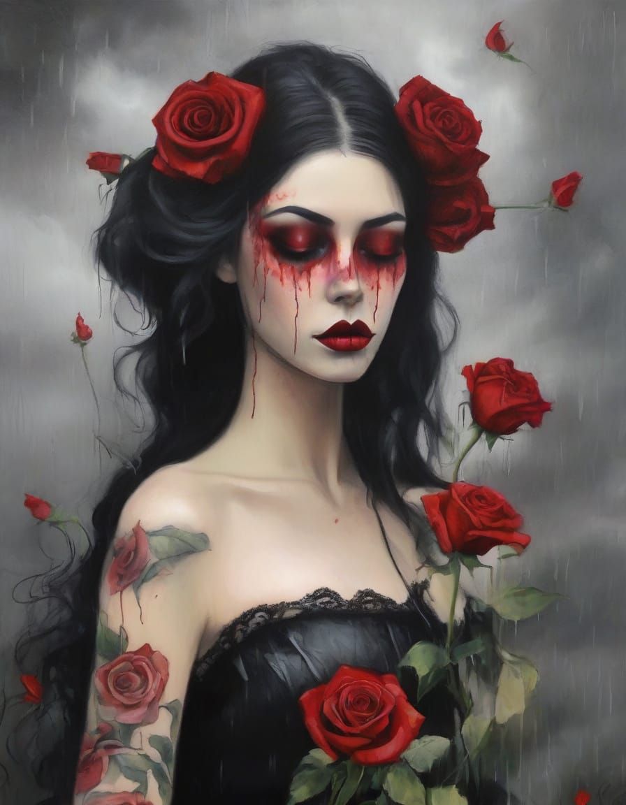 Gothic Goddess in a Field of Black Roses