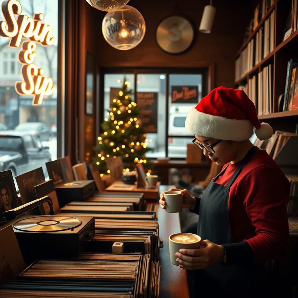 Warm Vinyl Record Store Coffee Shop by Night