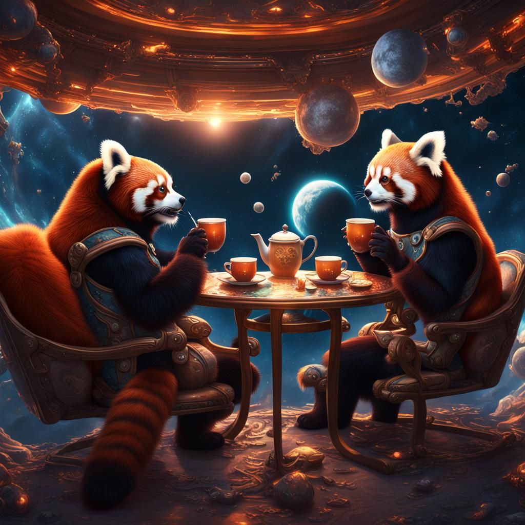 Red Pandas Sipping Tea in Space: Fantasy Art