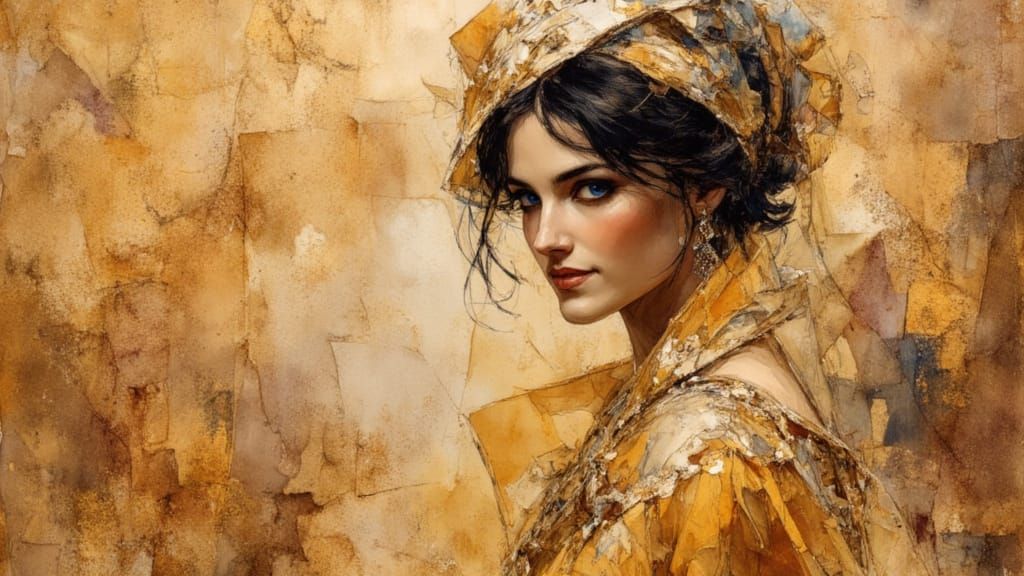 Veiled Woman in Desert, Klimt-Inspired Art