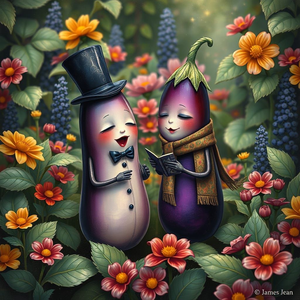 Eggplant Duet in a Lush Garden, Digital Art