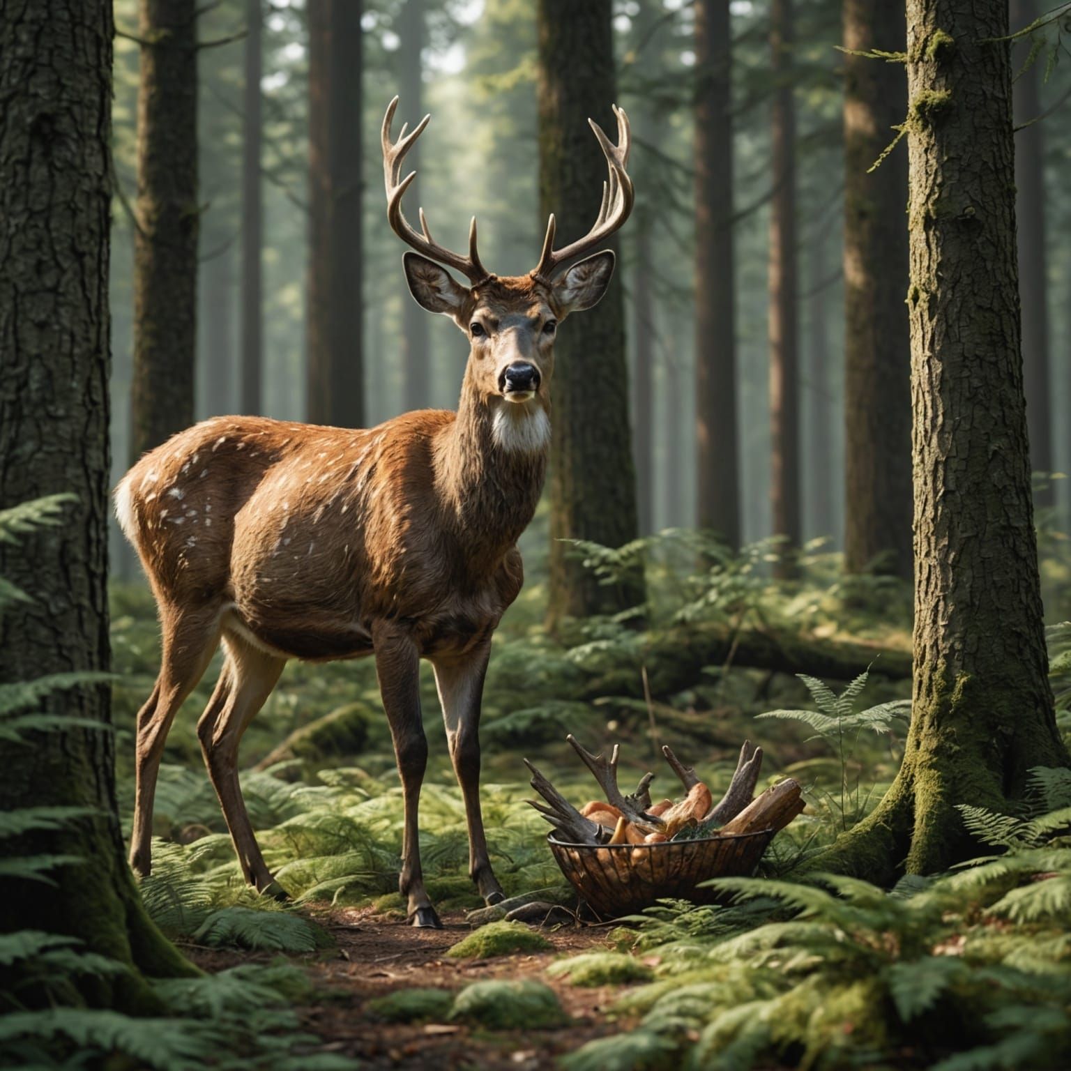 Deer Eating in Forest: Photorealistic Image