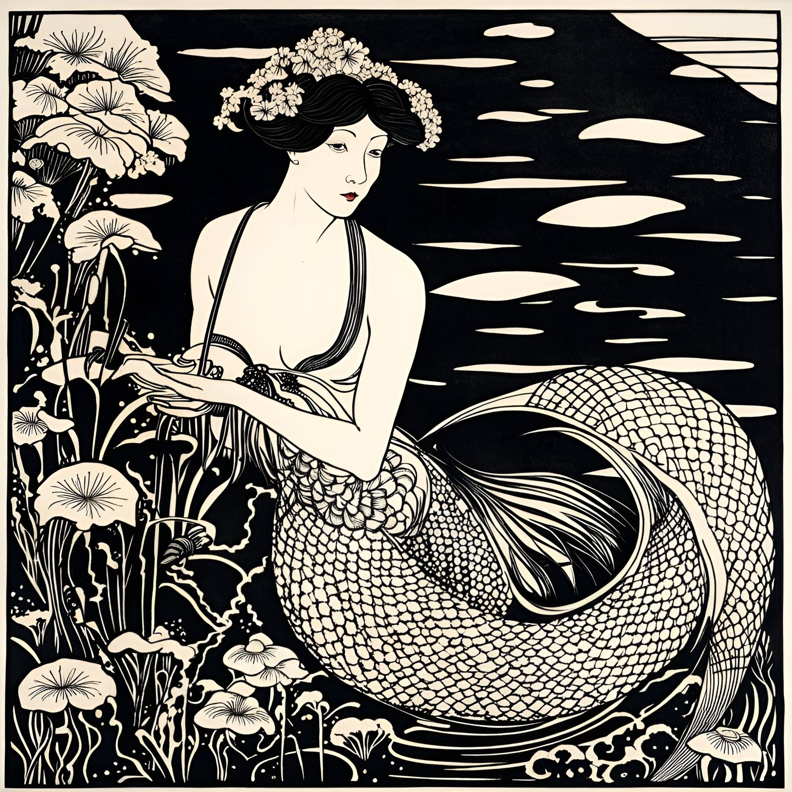 Aubrey Beardsley Mermaid (black ink drawing influenced by Japanese woodcut)