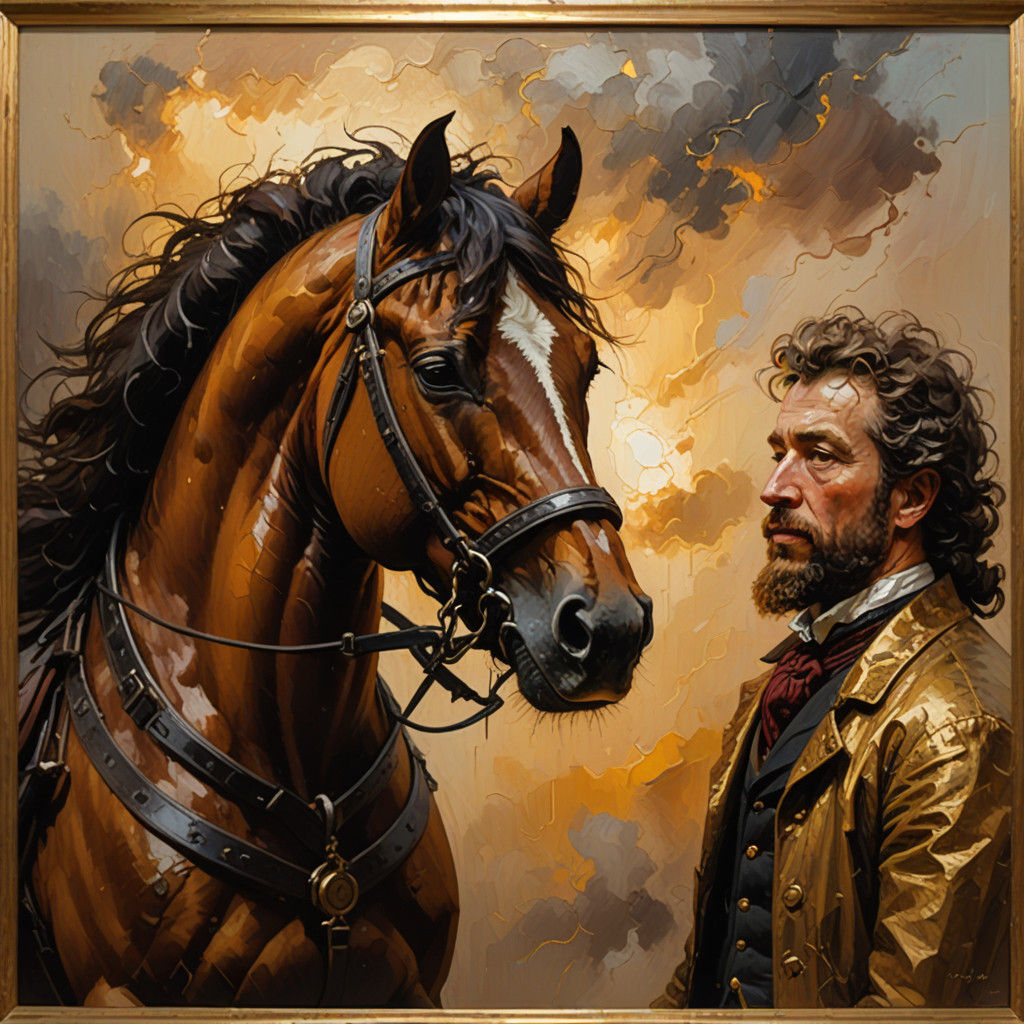 Winged Horse in a Golden Misty Landscape, Rembrandt-Inspired...