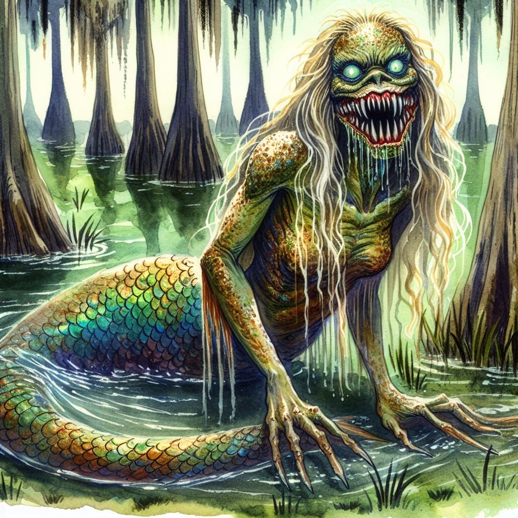 Monstrous Mermaid Emerges from the Swamp in Watercolor