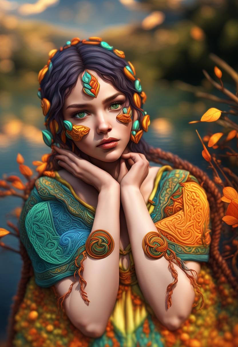 Radiant Girl Portrait in Hyperstylized Celtic Style