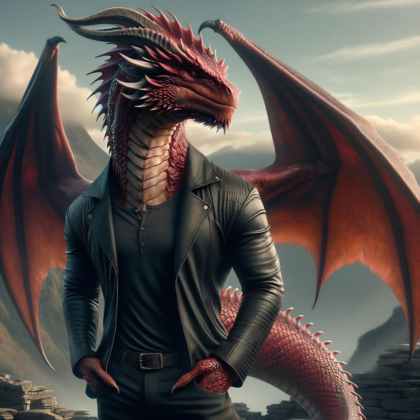 Crimson Dragon in Leather Jacket: Fantasy Style Icon