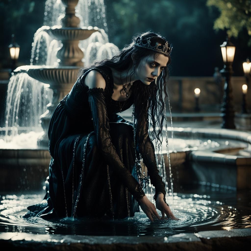 Gothic Princess at Fountain: Cinematic Film Still
