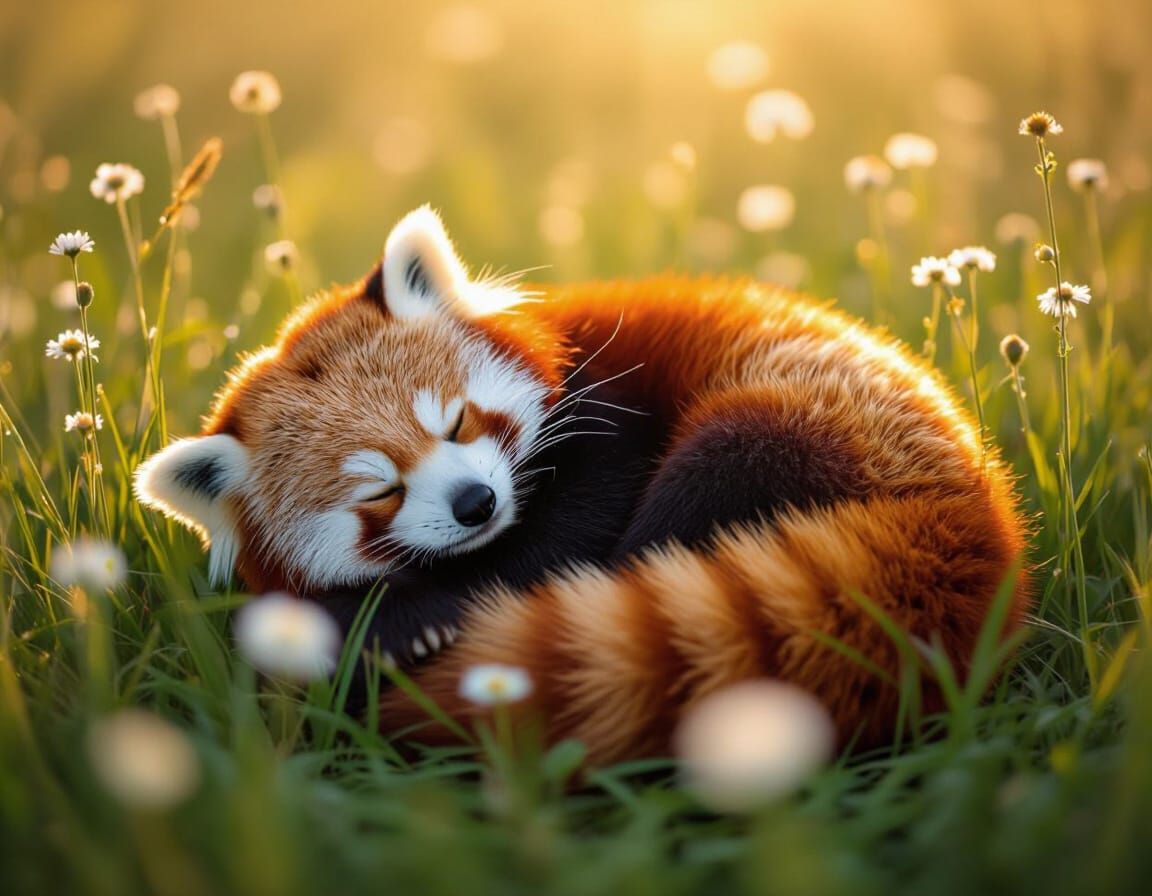 Peaceful Red Panda Sleeps in Sunlit Meadow