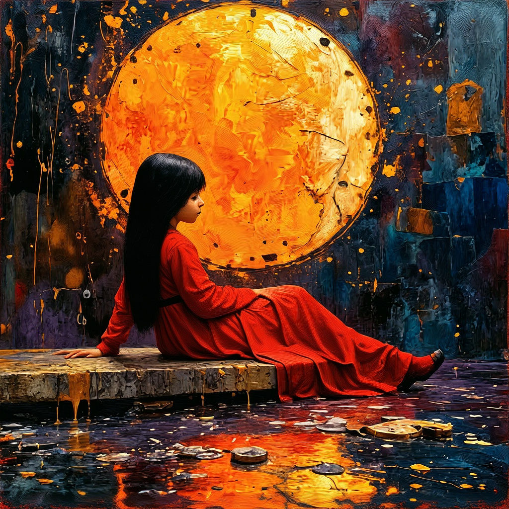 Eerie Impasto Android Child in Moody Landscape