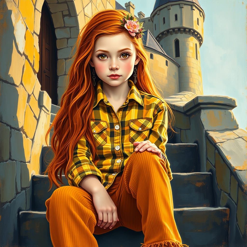 Girl in Yellow Flannel on Castle Stairs