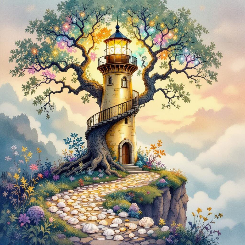 Golden Lighthouse Coils Around Ancient Oak: Watercolor
