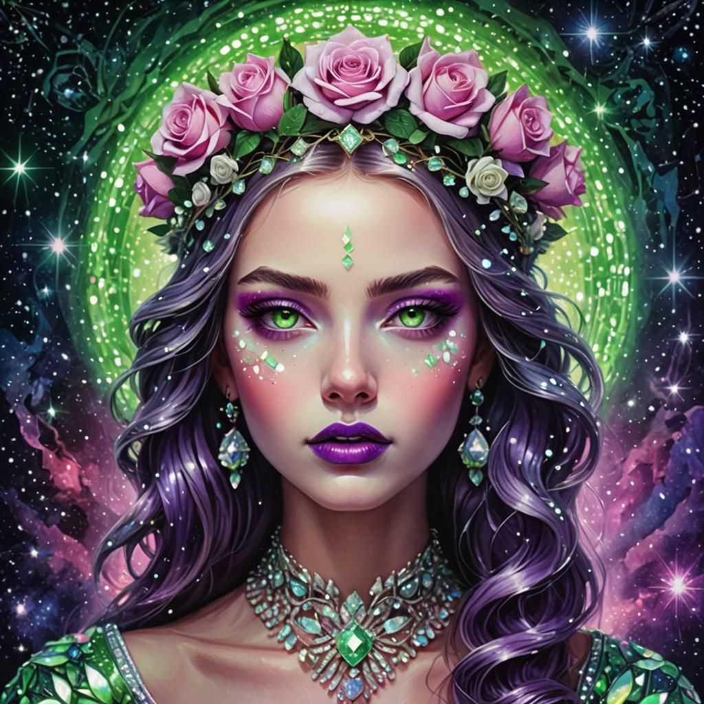 Green Eyes with Rose Crown in Astral Cosmic Style