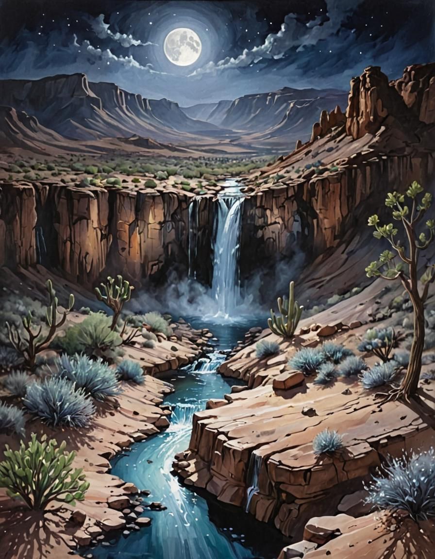 Desert Spring Waterfall Under Moonlight: Dreamlike Painting