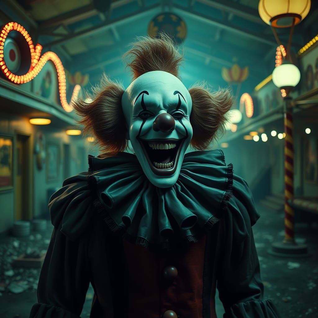 Creepy Clown Laughing in Abandoned Amusement Park
