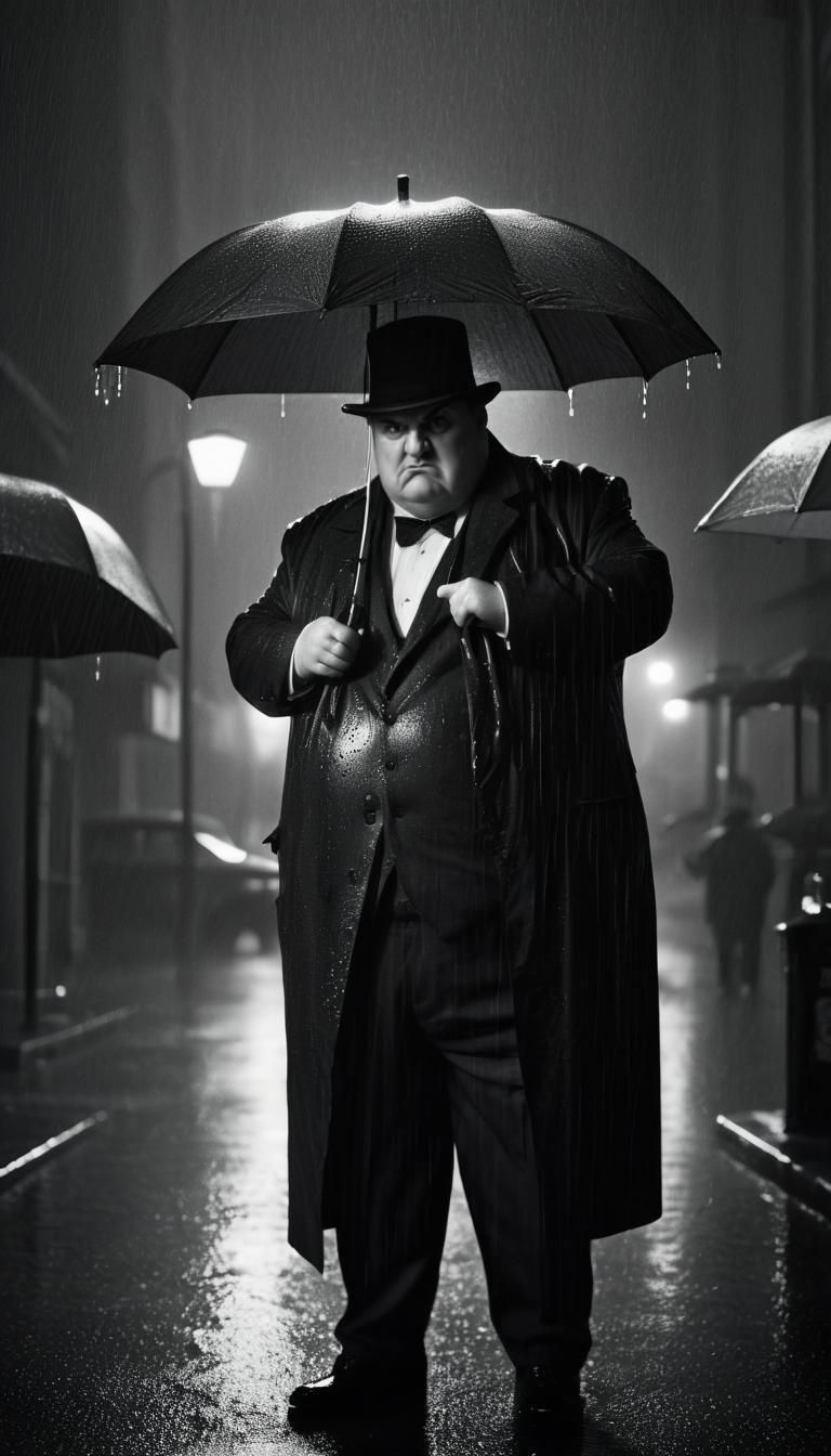 Noir-Style Man in Tuxedo Under the Rain