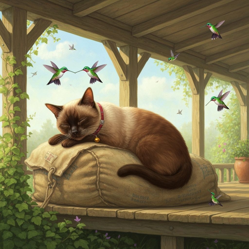 Siamese Cat Sleeps on Farmhouse Porch Amidst Hummingbirds