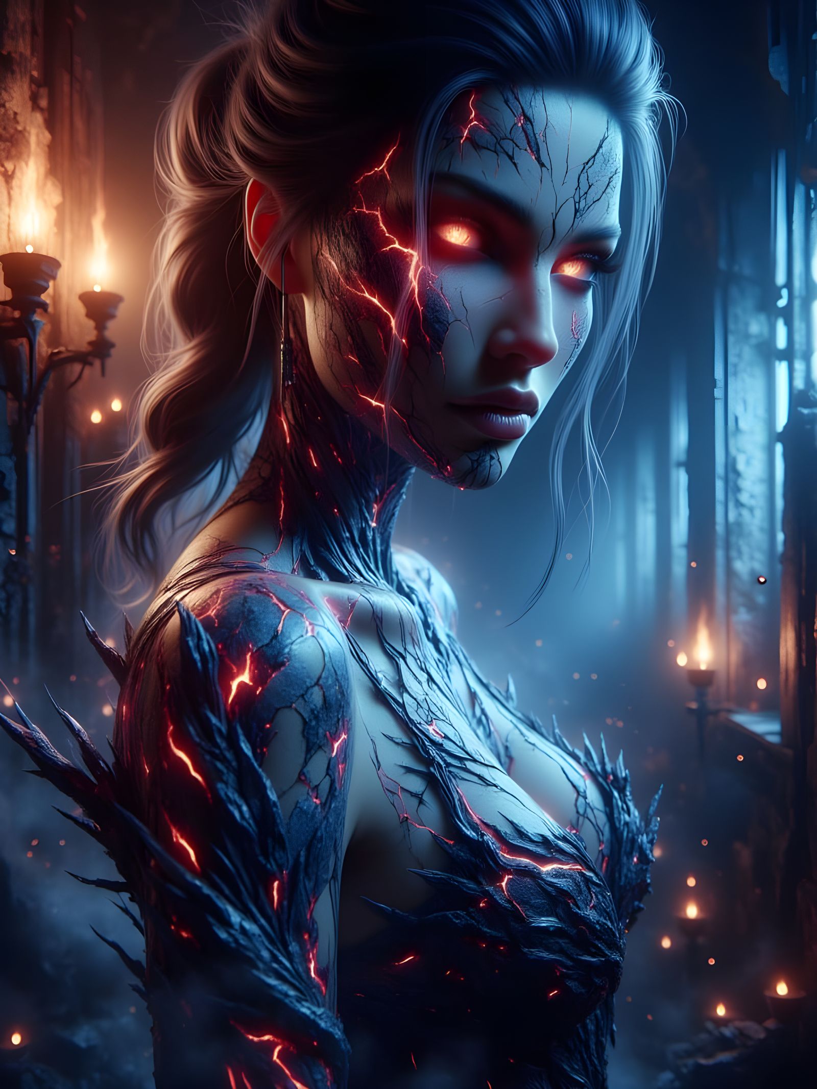 Neon Tattooed Woman with Fire Magic