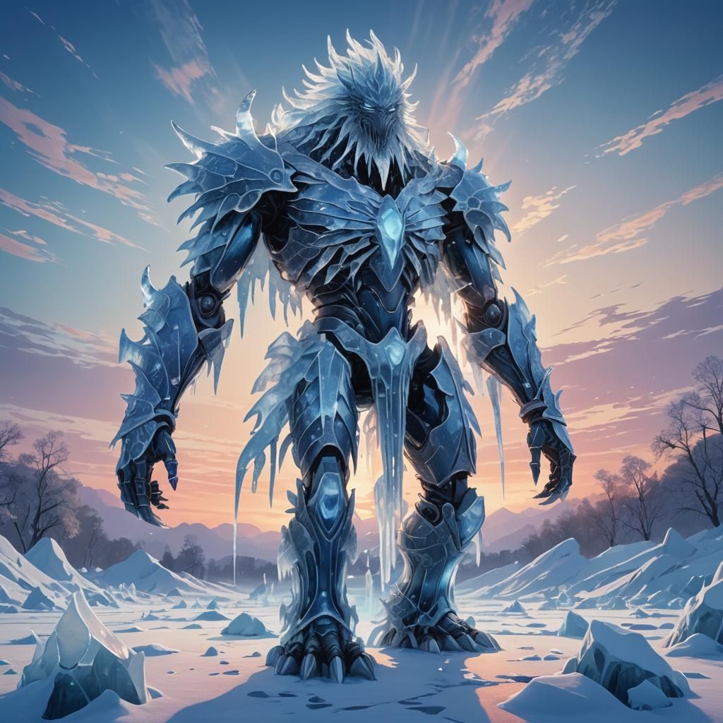 Surreal Anime Ice Creature in Winter Wilderness