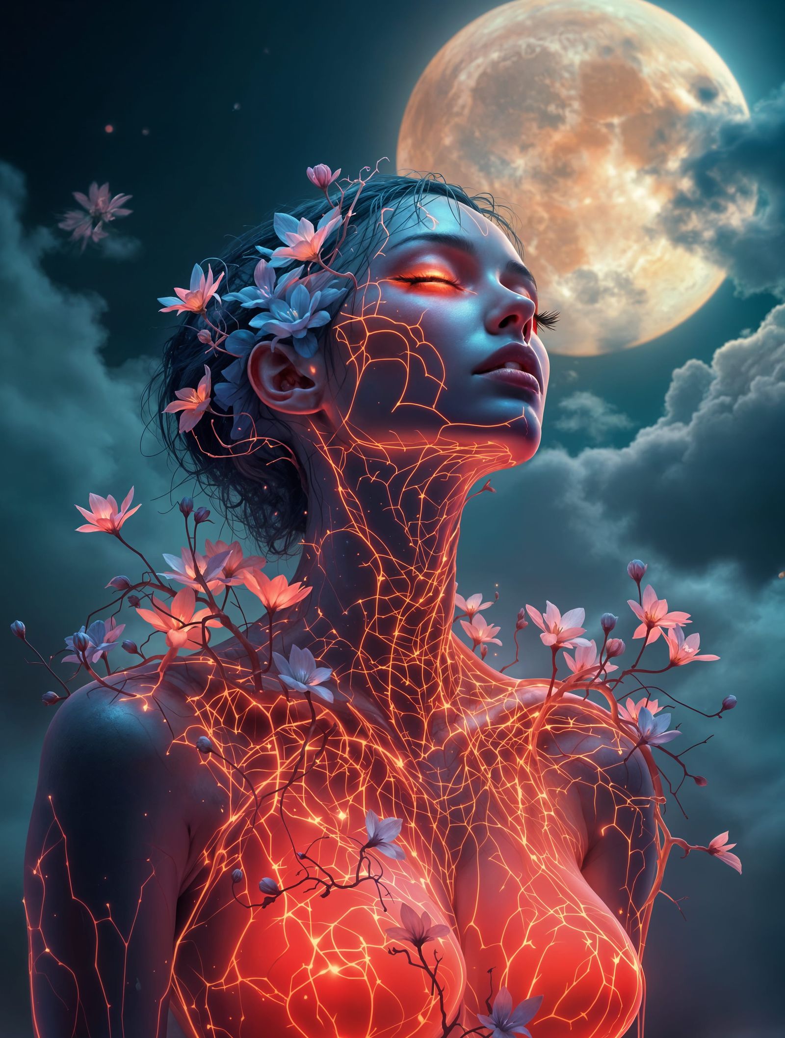 Ethereal Goddess in Vibrant, Dark Fantasy Landscape