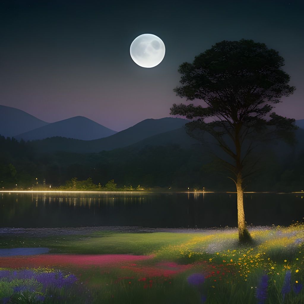 Moonlit Wildflower Landscape in Bokeh Style