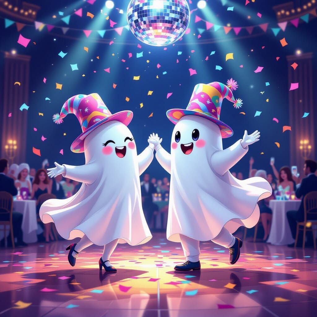 Joyful Ghost Couple Dancing at New Year's Eve Party