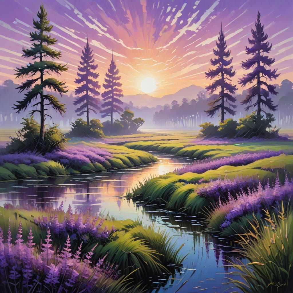 Dreamy Dawn: Purple Cypress Flowers in Gouache Style